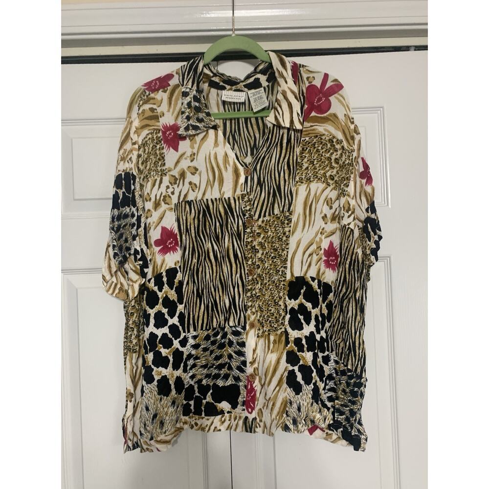Vintage White Stag Button Up Animal Print Patchwork Print Top Lightweight 22/24W